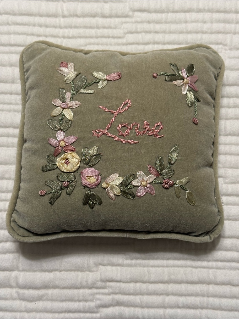 Embroidered Velvet 'Love' Floral 7-inch Throw Pillow - Sage Green Vintage